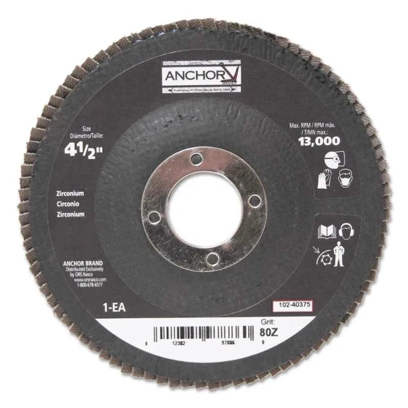 Abrasive High Density Flap Discs, 4-1/2 in Dia, 80 Grit, 7/8 in Arbor, 12,000 rpm