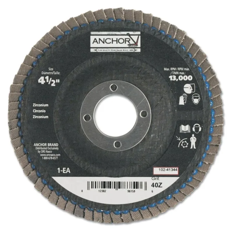 Abrasive Flap Disc, 4-1/2 in, 40 Grit, 7/8 in Arbor, 13,000 rpm, Angled