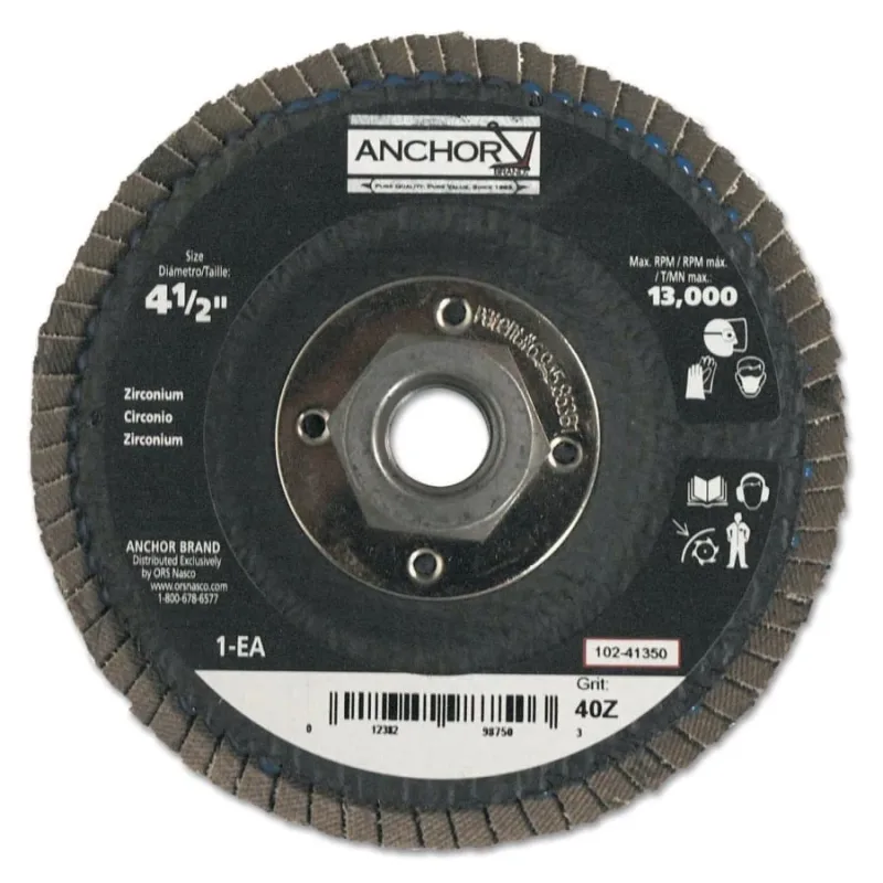 Abrasive Flap Disc, 4-1/2 in, 40 Grit, 5/8 in - 11 Arbor, 13,000 rpm, Angled