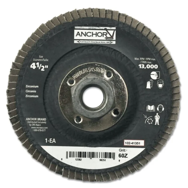 Abrasive Flap Disc, 4-1/2 in, 60 Grit, 5/8 in - 11 Arbor, 13,000 rpm, Angled