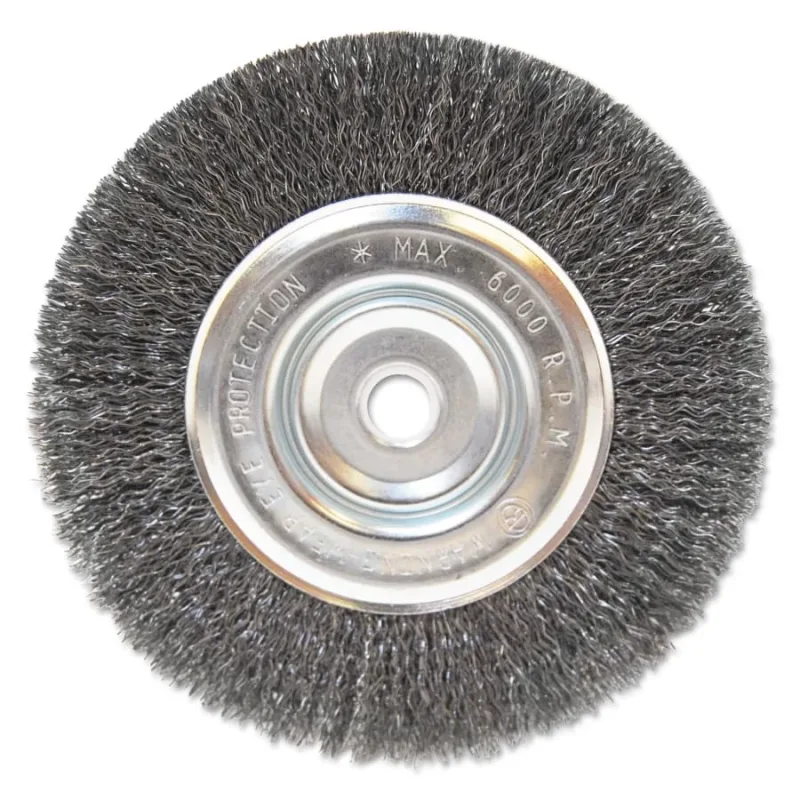 Light Duty Crimped Wheel Brush, 6 dia x 1/2 W, 0.014 Carbon Steel, 5/8 in - 1/2 in