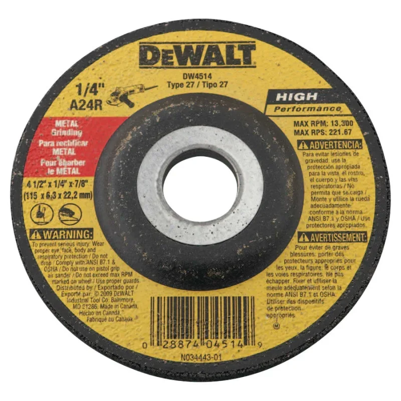 Type 27 Grinding Wheel, 4-1/2 in dia, 7/8 in Arbor, 13300 RPM, 24 Grit