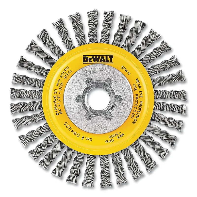 Wire Wheel Brushes, Carbon Stringer, 5 in dia, 5/8 in-11 TPI, 12000 RPM, 6 EA/PK