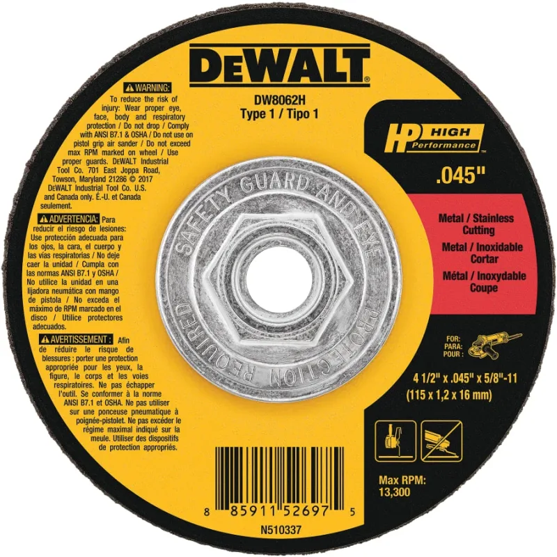 High Performance™ Cutting Wheel, Type 1, 4-1/2 in dia x 0.045 in Thick x 5/8 in-11 Arbor, 60 Grit, Aluminum Oxide
