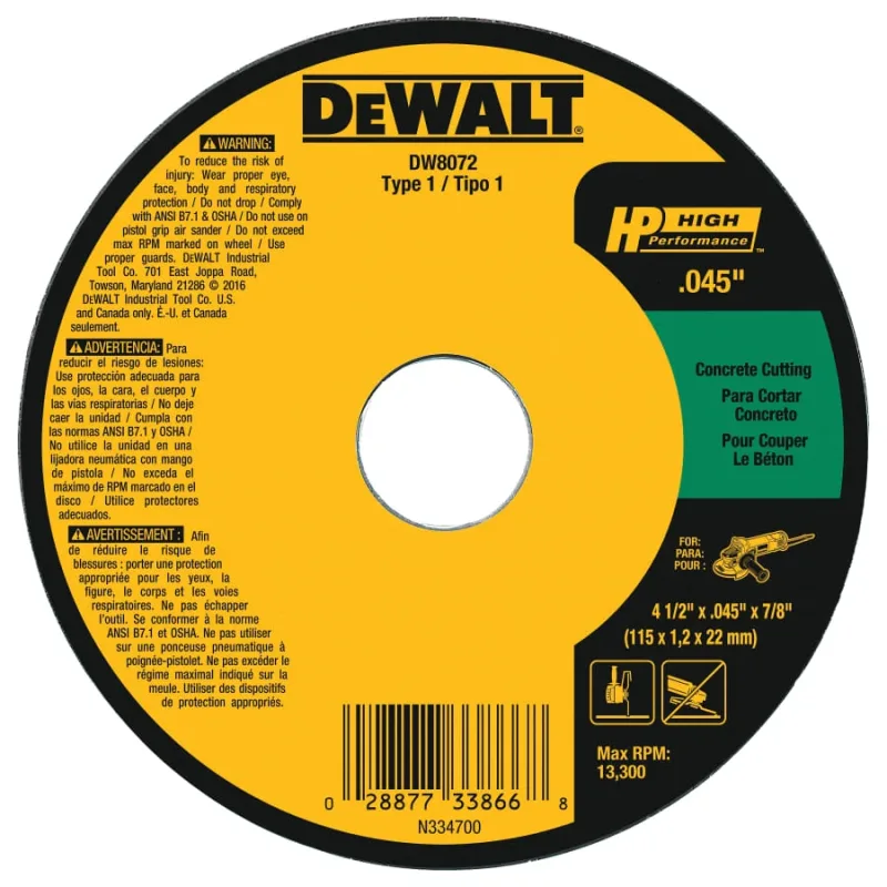 Type 1 HP Masonry Cutting Wheel, 4-1/2 in dia x 0.045 in Thick x 7/8 in Arbor dia, 60 Grit, Silicon Carbide