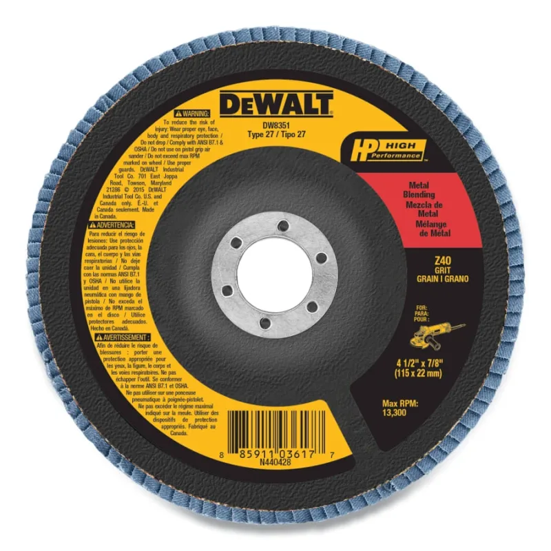 Type 27 Flap Disc, High Performance, 4-1/2 in dia, 40 Grit, 7/ 8 in Arbor, Zirconia Alumina, 13300 RPM