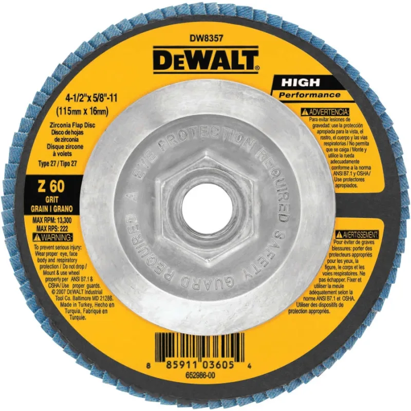 Type 27 Flap Disc, High Performance, 4-1/2 in dia, 60 Grit, 5/8 in-11 TPI, Zirconia Alumina, 13300 RPM