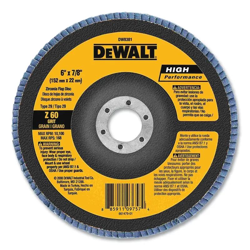 Type 29 Flap Disc, 6 in dia, 60 Grit, 7/8 in Arbor, Zirconia Alumina, 10100 RPM