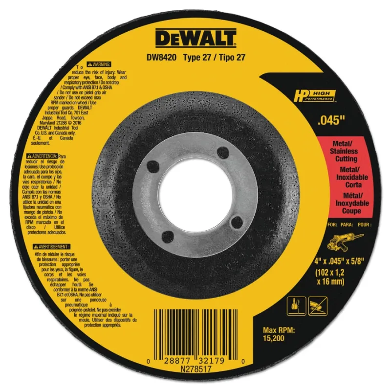 High Performance™ Cutting Wheel, Type 27, 4 in dia x 0.045 in Thick x 5/8 in Arbor, 60 Grit, Aluminum Oxide (115-DW8420) - additional view 1