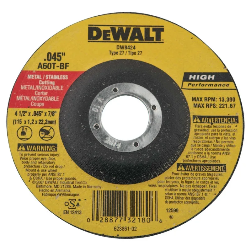 High Performance™ Cutting Wheel, Type 27, 4-1/2 in dia x 0.045 in Thick x 7/8 in Arbor, 60 Grit, Aluminum Oxide