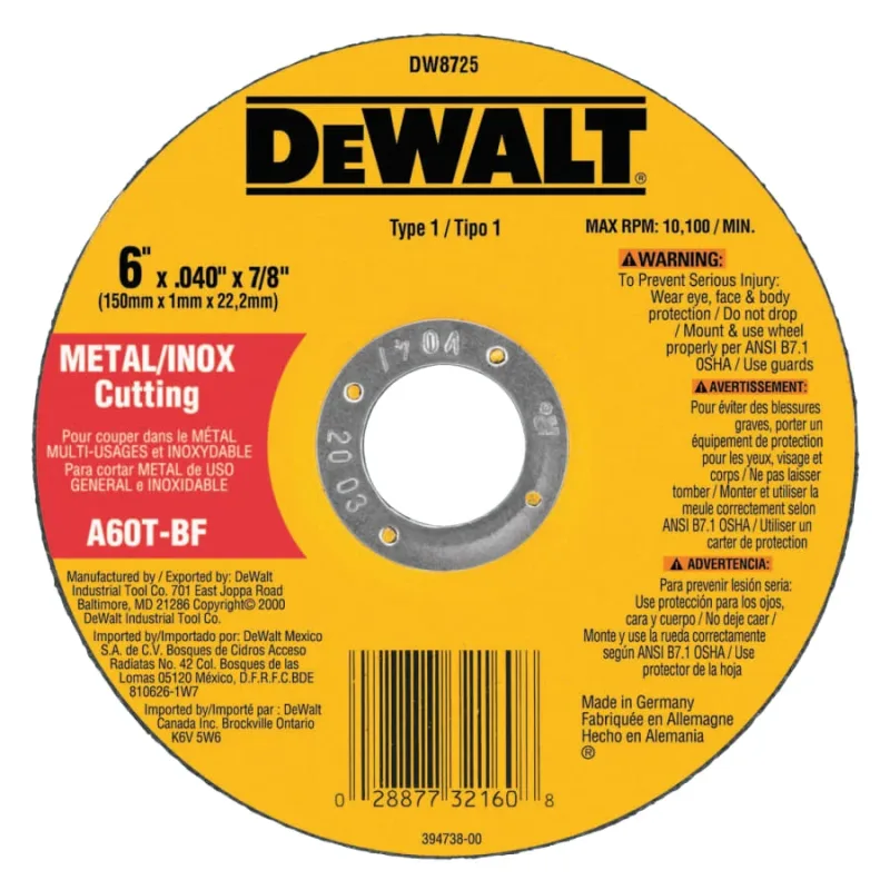High Performance™ Cutting Wheel, Type 1, 6 in dia x 0.045 in Thick x 7/8 in Arbor, 60 Grit, Aluminum Oxide