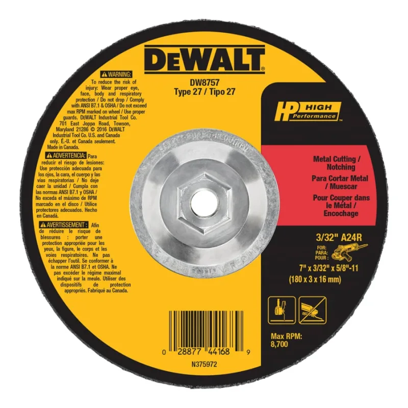 High Performance™ Cutting and Notching Wheel, Type 27, 7 in dia x 3/32 in Thick x 5/8 in-11 in Arbor, 24 Grit, Alum Oxide