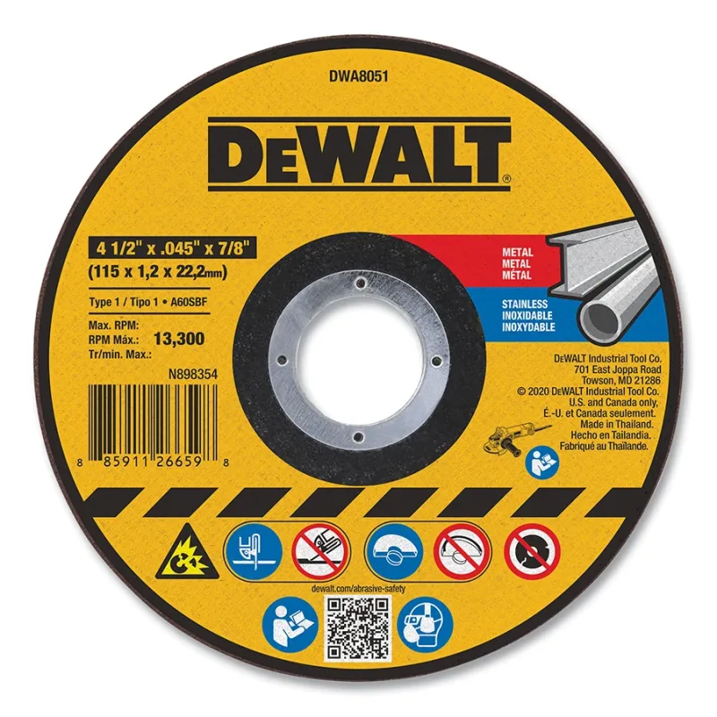 Cutting Wheel, Type 1, 4-1/2 in dia x 0.045 in Thick x 7/8 in Arbor, Aluminum Oxide