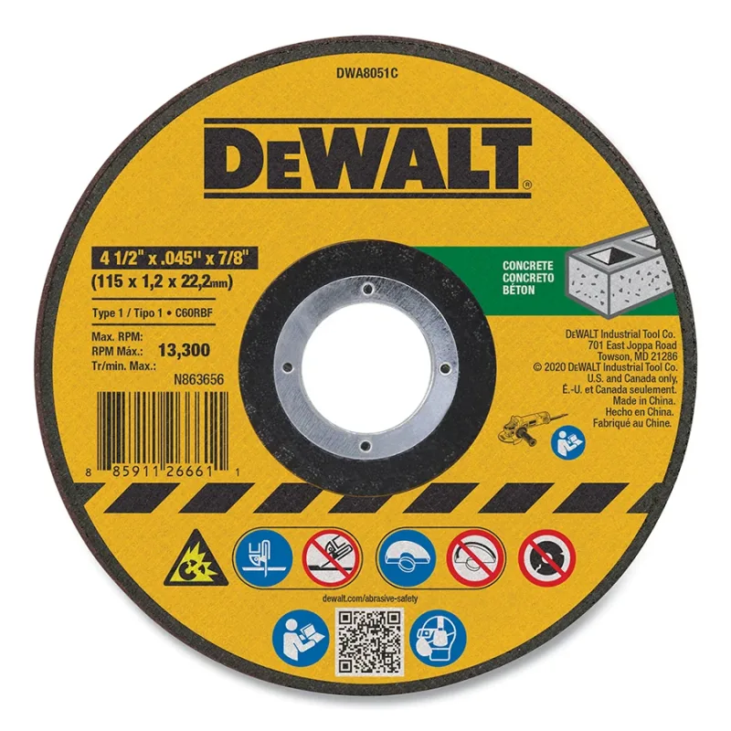 Cutting Wheel, Type 1, 4-1/2 in dia x 0.045 in Thick x 7/8 in Arbor, Silicon Carbide, Concrete Cutting