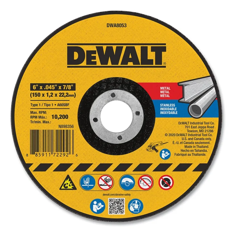 Cutting Wheel, Type 1, 6 in dia x 0.045 in Thick x 7/8 in Arbor, Aluminum Oxide