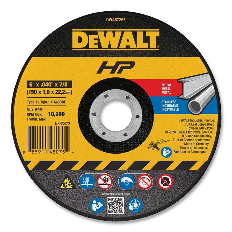 High Performance™ Cutting Wheel, Type 1, 6 in dia x 0.040 in Thick x 7/8 in Arbor, 60 Grit, Aluminum Oxide