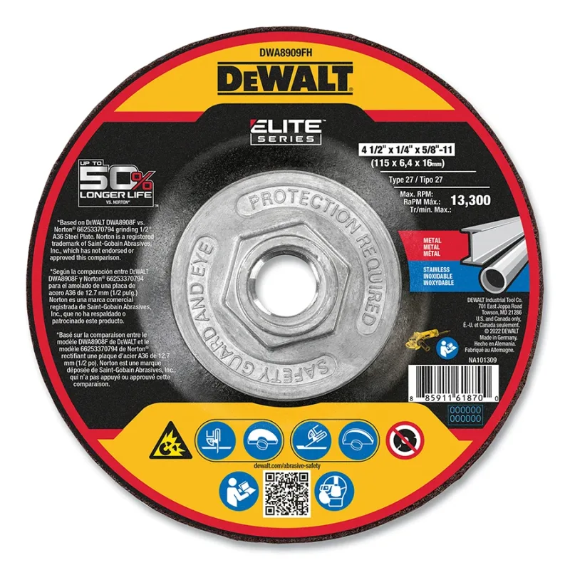 Type 27 Grinding Wheel, 4-1/2 in dia, 5/8 in-11 TPI, 24 Grit, 13300 RPM, 1/4 in Thick