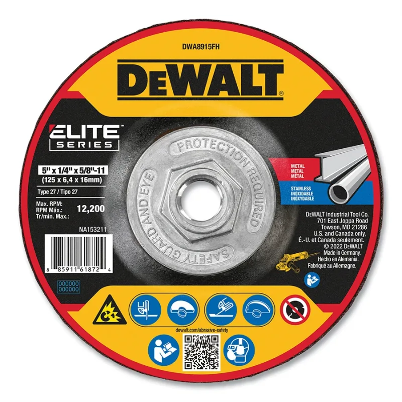 Type 27 Grinding Wheel, 5 in dia, 5/8 in-11 TPI, 24 Grit, 12200 RPM, 1/4 in Thick