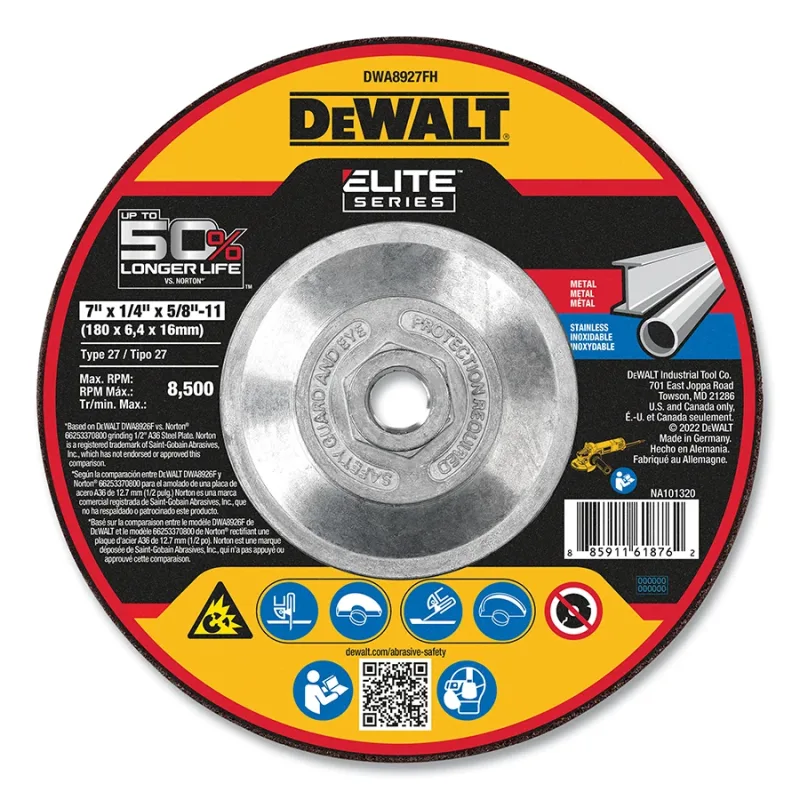 Type 27 Grinding Wheel, 7 in dia, 5/8 in-11 TPI, 24 Grit, 8700 RPM, 1/4 in