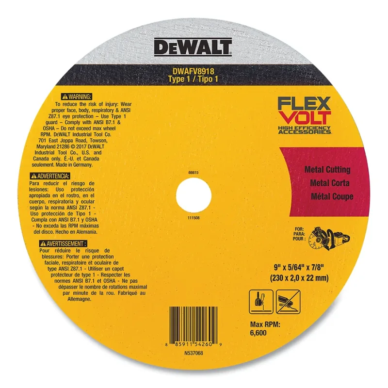 FLEXVOLT® Ceramic Metal Cutoff Wheel, Type 1, 9 in dia x 7/8 in AH x 5/64 in Thick, 1 EA/EA