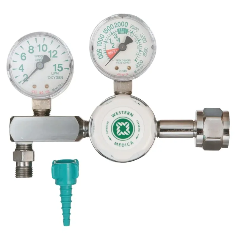 Oxygen Flow Gauge Regulator, 2 to 15 LPM, 3000 psi Inlet, CGA 540 Nut and Nipple