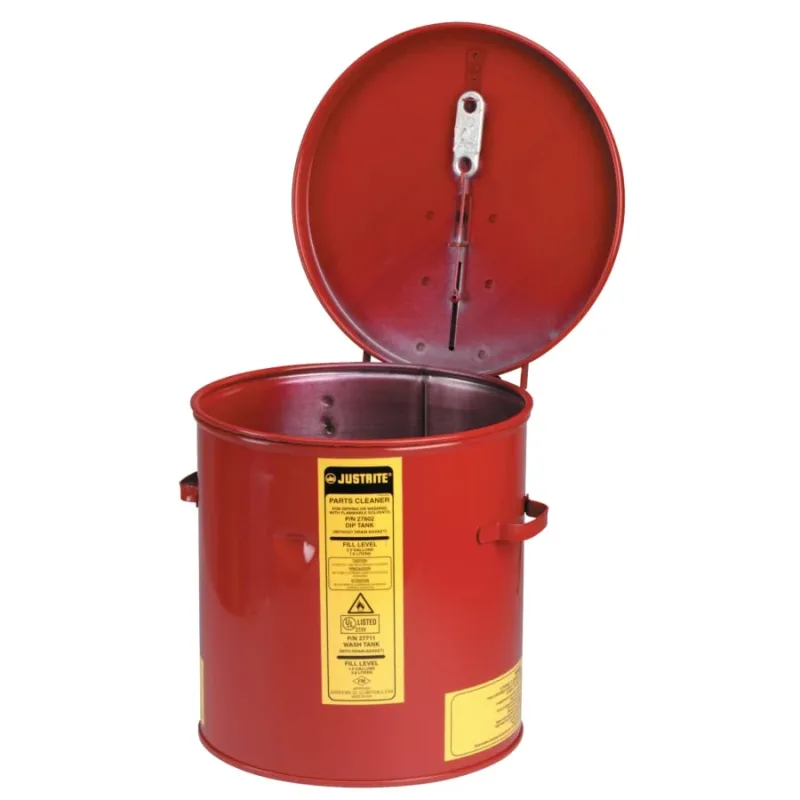 Dip Tank for Cleaning Parts, Manual Cover with Fusible Link, 10 in H x 9.375 in dia Outer, 2 gal, Steel, Red