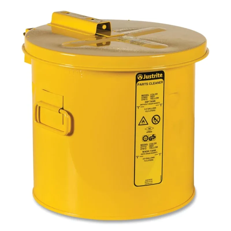 Dip Tank for Cleaning Parts, Manual Cover with Fusible Link, 11.25 in H x 11.375 in dia Outer, 3.5 gal, Steel, Yellow