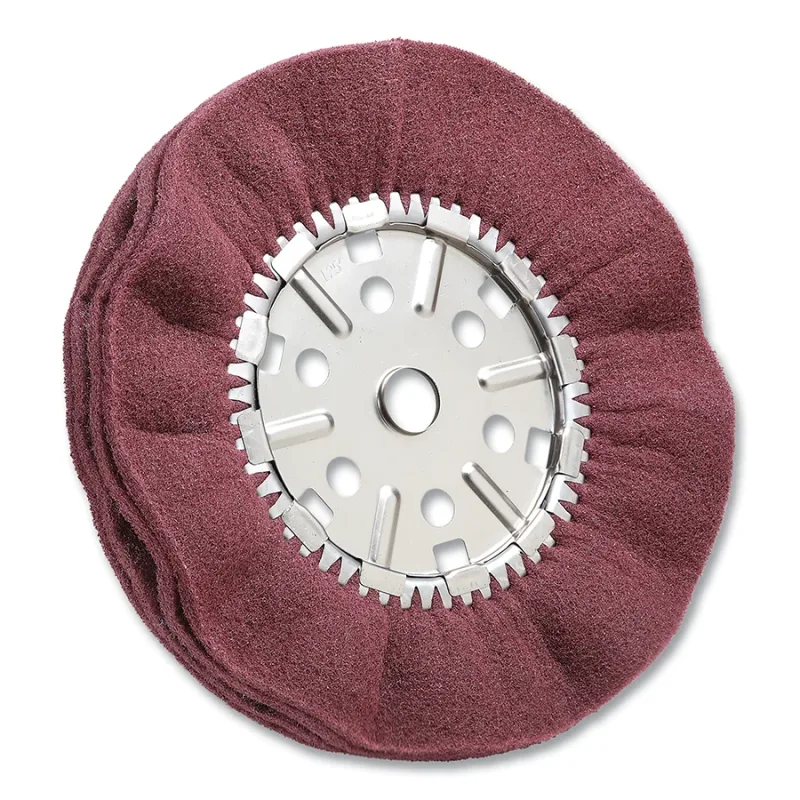 High Strength Satin Pleated Buff Wheel, 12 in dia x 3/4 in Arbor, 2400 RPM, Aluminum Oxide, Very Fine, Red