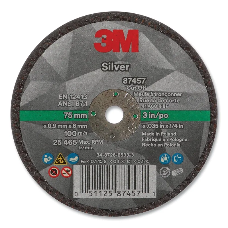 Silver Cut-Off Wheel, Precision Shaped Ceramic, T1, 3 in dia x 1/4 in dia Arbor x 0.035 in Thick, 60+, 25465 RPM