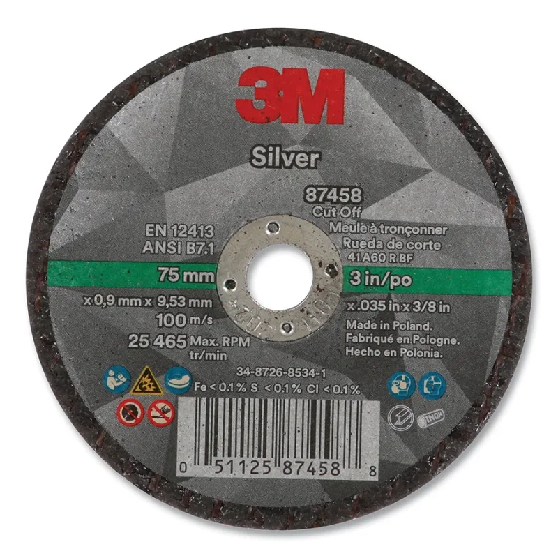 Silver Cut-Off Wheel, Precision Shaped Ceramic, T1, 3 in dia x 3/8 in dia Arbor x 0.035 in Thick, 60+, 25465 RPM