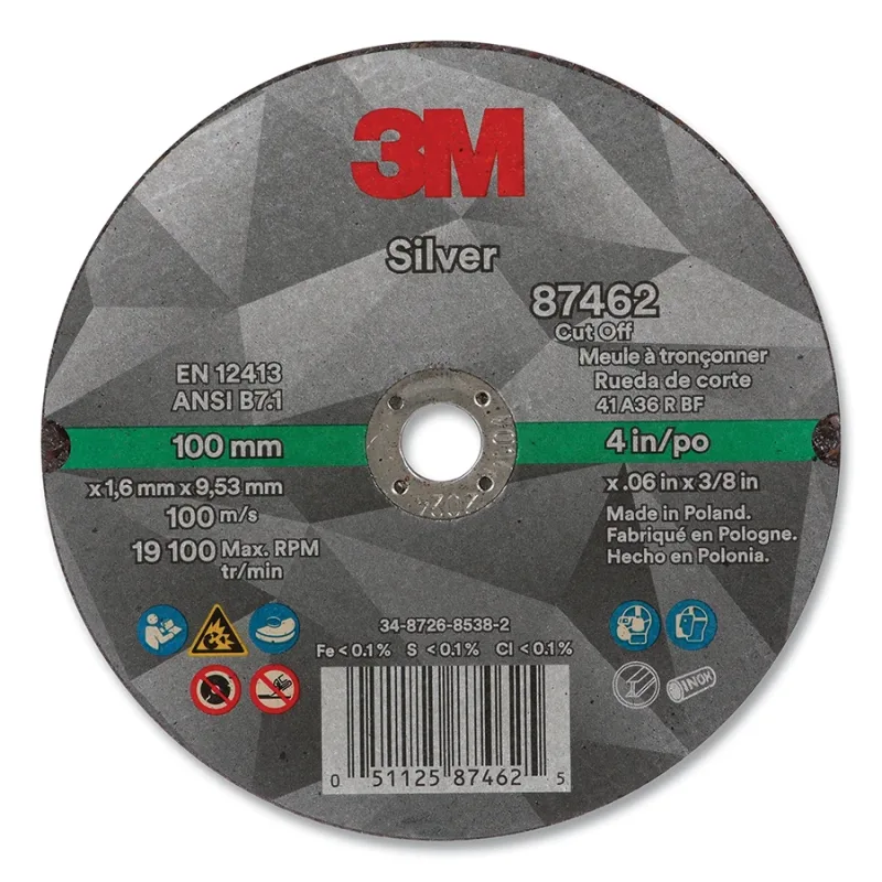 Silver Cut-Off Wheel, Precision Shaped Ceramic, T1, 4 in dia x 3/8 in dia Arbor x 0.060 in Thick, 36+, 19100 RPM