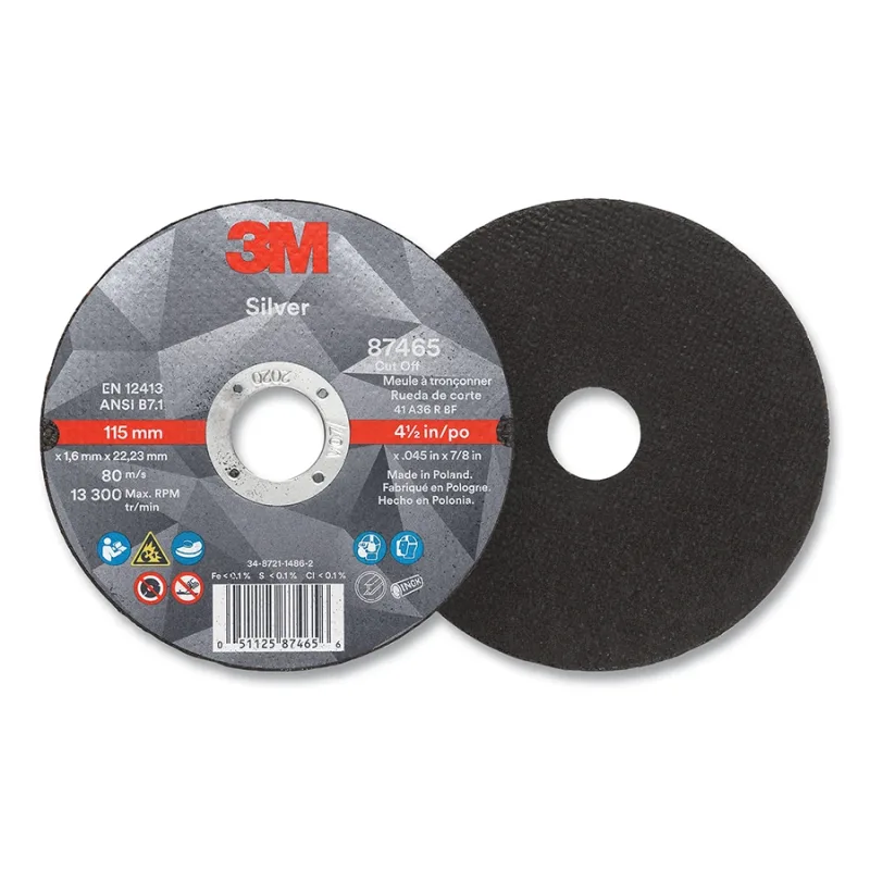 Silver Cut-Off Wheel, Precision Shaped Ceramic, T1, 4.5 in dia x 7/8 in dia Arbor x 0.045 in Thick, 36+, 13300 RPM