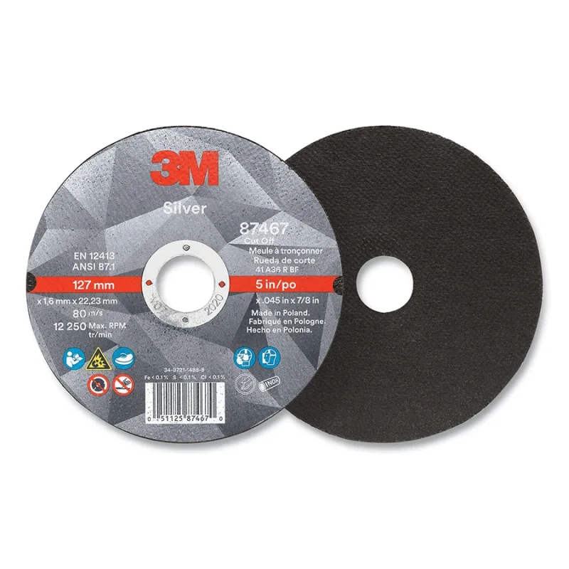 Silver Cut-Off Wheel, Precision Shaped Ceramic, T1, 5 in dia x 7/8 in dia Arbor x 0.045 in Thick, 36+, 12250 RPM
