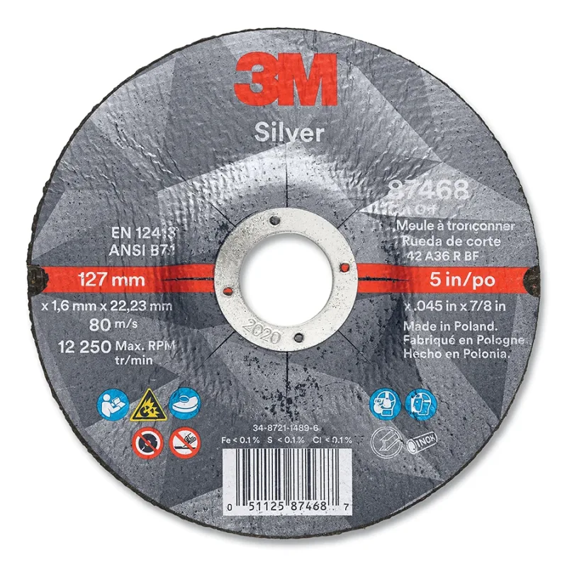 Silver Cut-Off Wheel, Precision Shaped Ceramic, T27, 5 in dia x 7/8 in dia Arbor x 0.045 in Thick, 36+, 12250 RPM