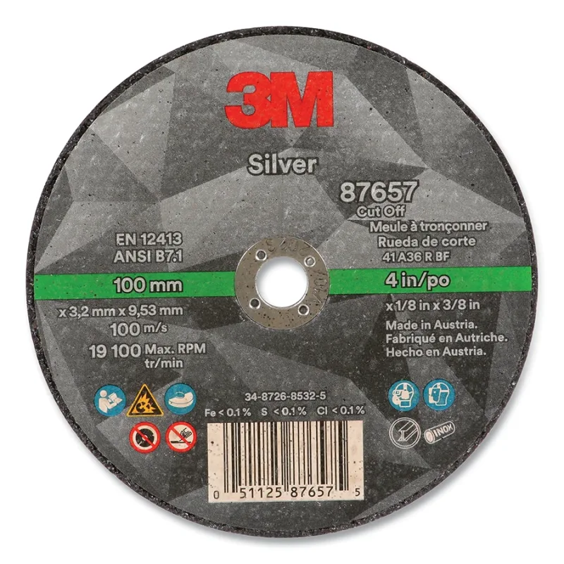 Silver Cut-Off Wheel, Precision Shaped Ceramic, T1, 4 in dia x 3/8 in dia Arbor x 0.125 in Thick, 36+, 19100 RPM
