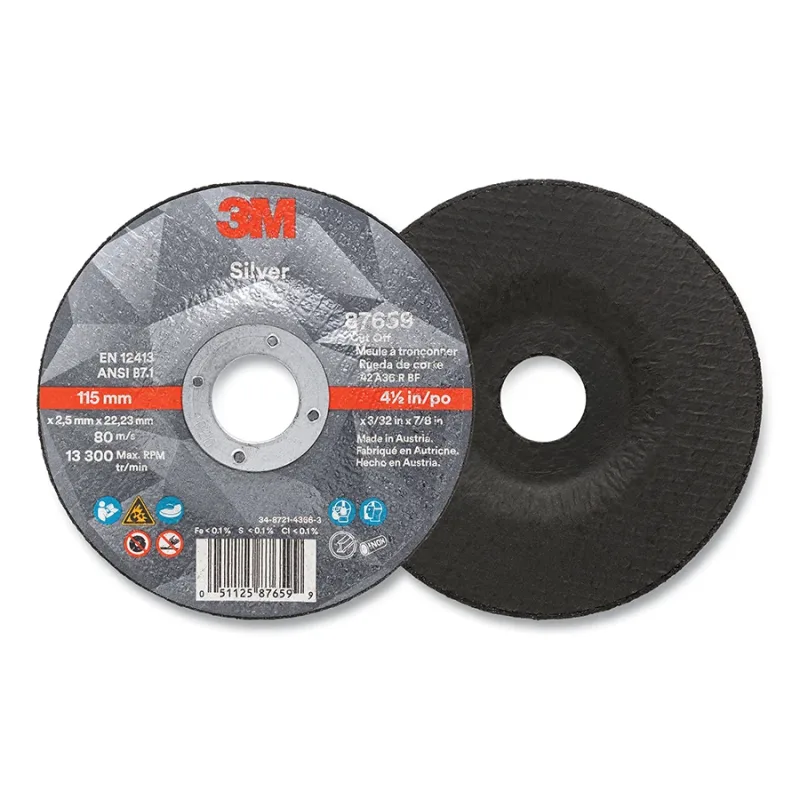 Silver Cut-Off Wheel, Precision Shaped Ceramic, T27, 4.5 in dia x 7/8 in dia Arbor x 0.090 in Thick, 36+, 13300 RPM