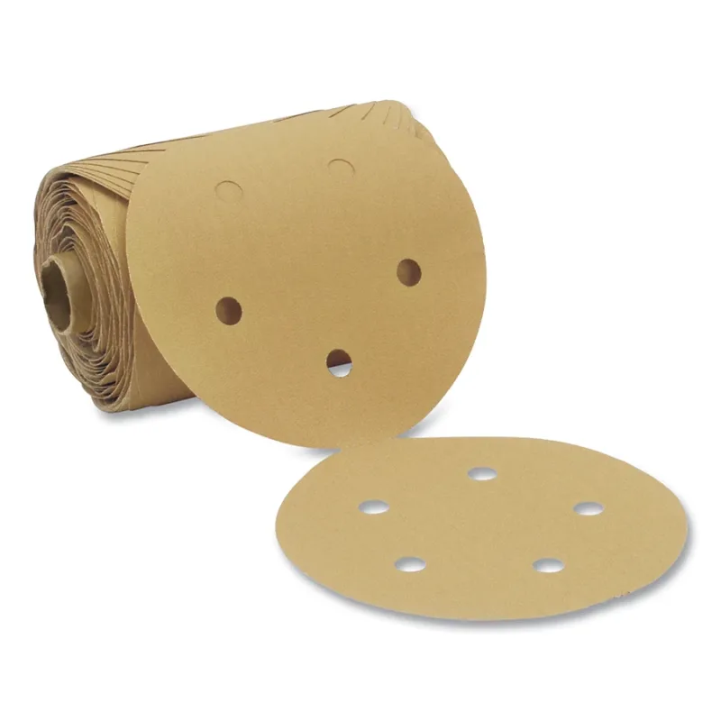 Stikit™ Gold Paper Disc Roll 216U, Aluminum Oxide, 5 in dia x NH, 5 Holes, P100 Grit, Die 500FH, 125 Disc/RL
