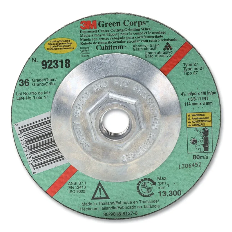 Green Corps Wheel, 4 1/2 in Dia, 1/8 in Thick, 5/8 Arbor, 36 Grit Ceramic