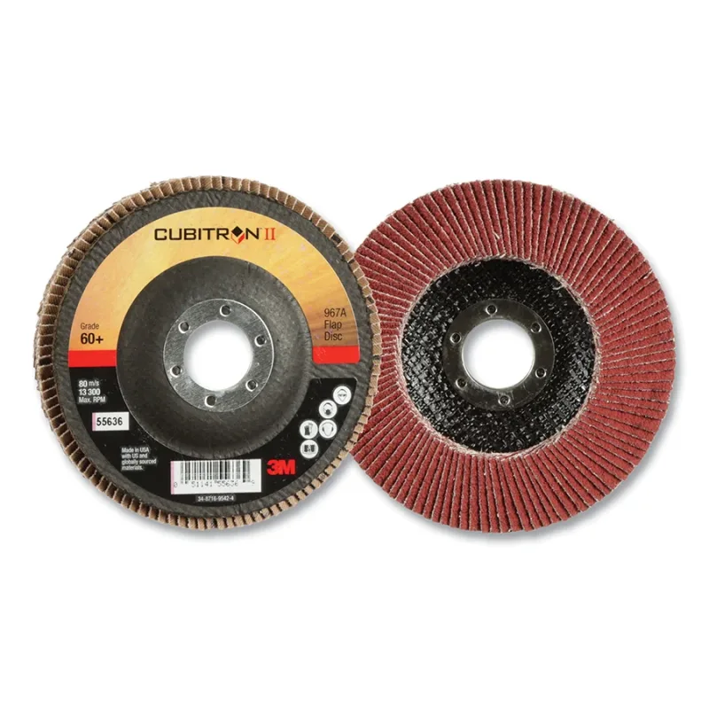 Cubitron™ II Flap Discs 967A, 4-1/2 in dia x 7/8 in AH, T27, 40+, 13300 RPM