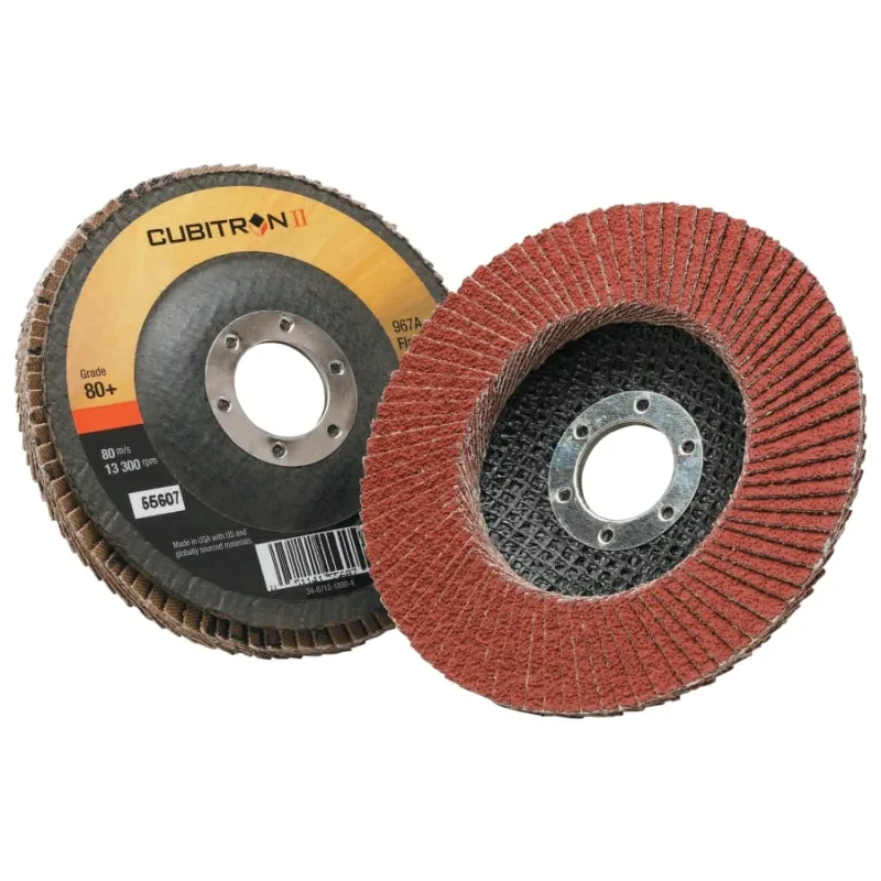 Cubitron™ II Flap Discs 967A, 4-1/2 in dia x 7/8 in AH, T27, 80+, 13300 RPM