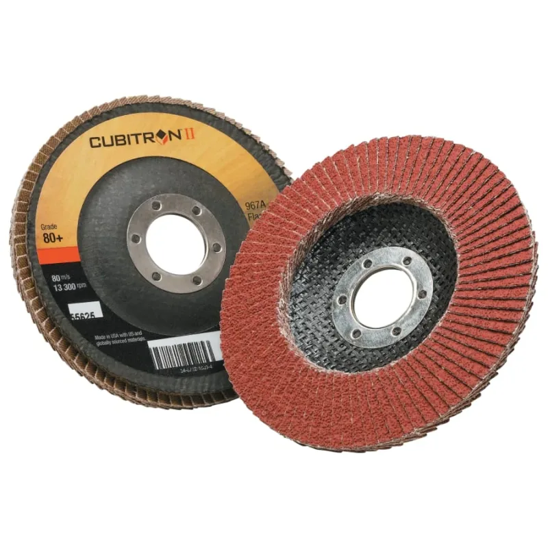 Cubitron™ II Flap Discs 967A, 4-1/2 in dia x 7/8 in AH, T29, 80+, 13300 RPM