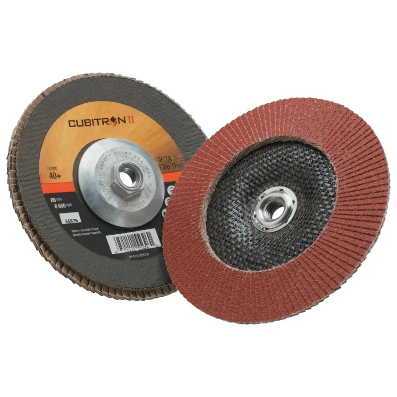 Cubitron™ II Flap Discs 967A, 7 in dia x 5/8 in-11, T29 Quick Change, 40+, 8600 RPM