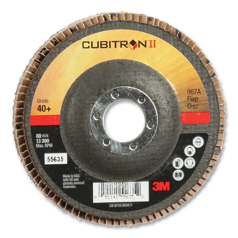 Cubitron™ II Flap Discs 967A, 4-1/2 in dia x 7/8 in AH, T27 Giant, 40+, 13300 RPM