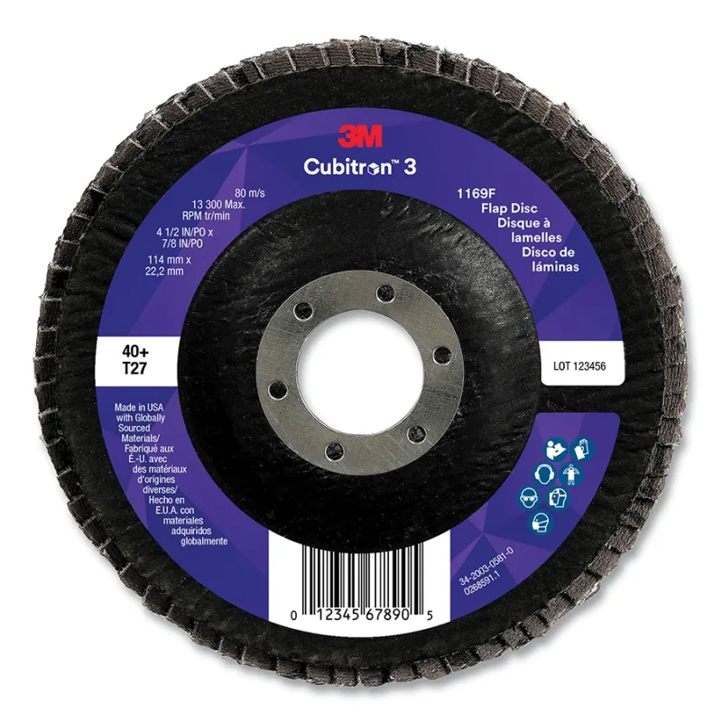 Cubitron™ 3 Flap Disc 1169F, 4-1/2 in dia x 7/8 in AH, T27 Flat, 40+, 13300 RPM