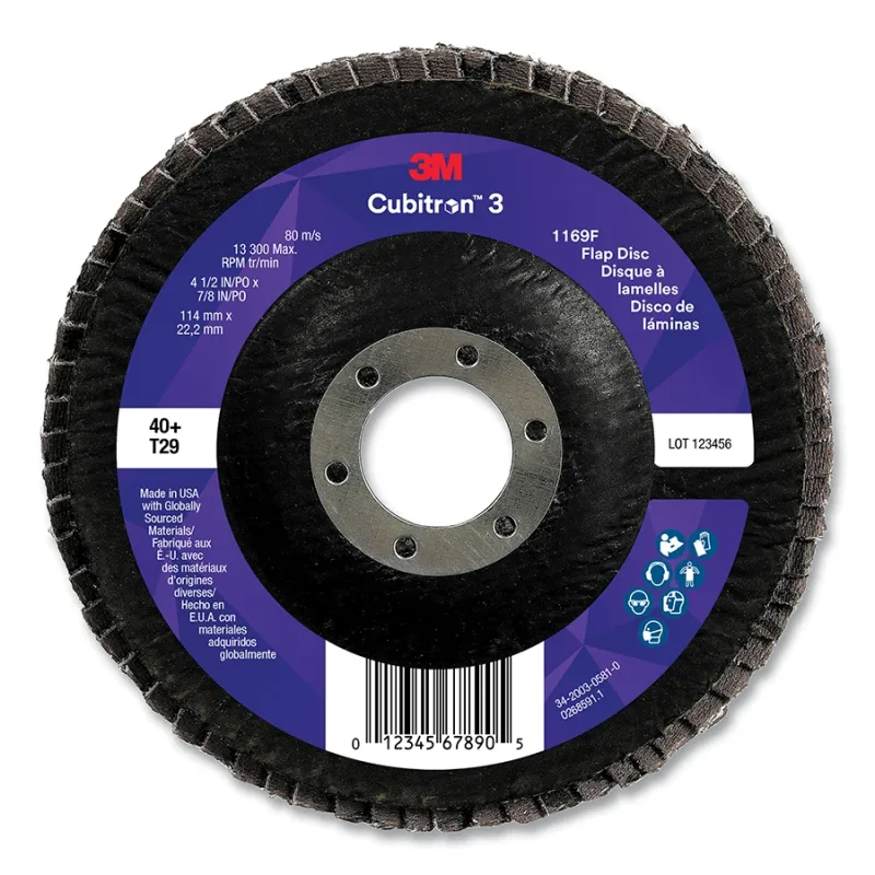 Cubitron™ 3 Flap Disc 1169F, 4-1/2 in dia x 7/8 in AH, T29 Conical, 40+, 13300 RPM