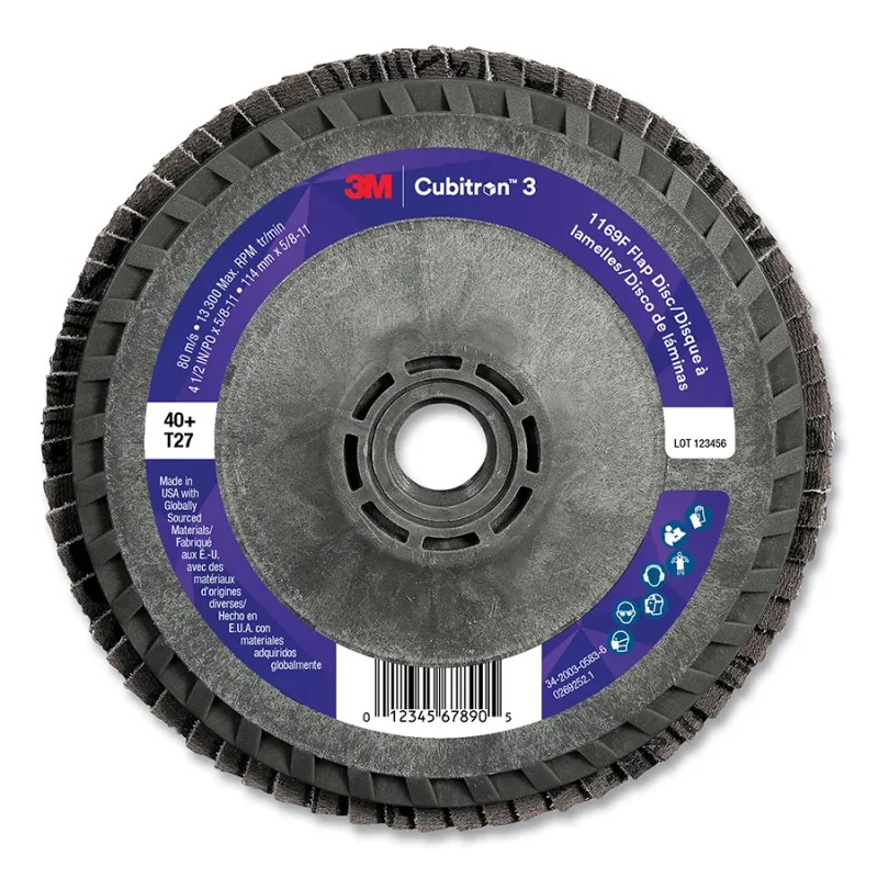 Cubitron™ 3 Flap Disc 1169F, 4-1/2 in dia x 5/8 in-11, T27 Flat Quick Change, 40+, 13300 RPM