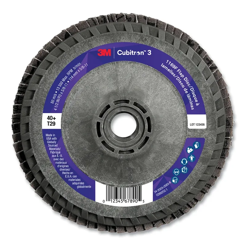 Cubitron™ 3 Flap Disc 1169F, 4-1/2 in dia x 5/8 in-11, T29 Conical Quick Change, 40+, 13300 RPM