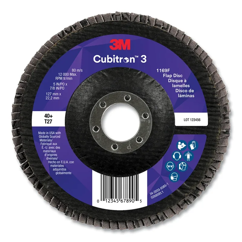 Cubitron™ 3 Flap Disc 1169F, 5 in dia x 7/8 in AH, T27 Flat, 40+, 12000 RPM