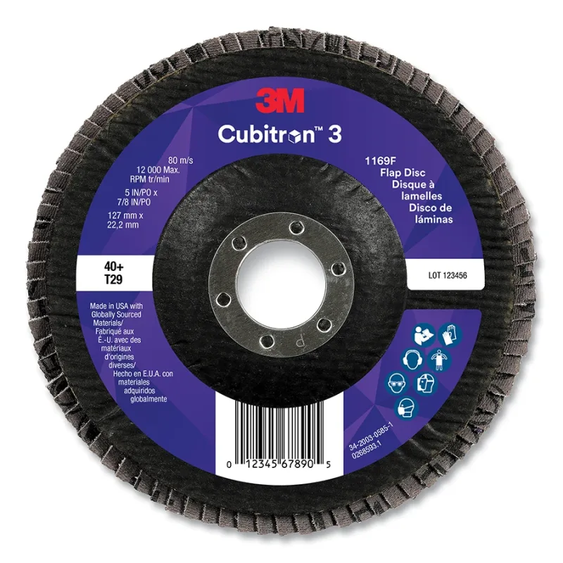 Cubitron™ 3 Flap Disc 1169F, 5 in dia x 7/8 in AH, T29 Conical, 40+, 12000 RPM