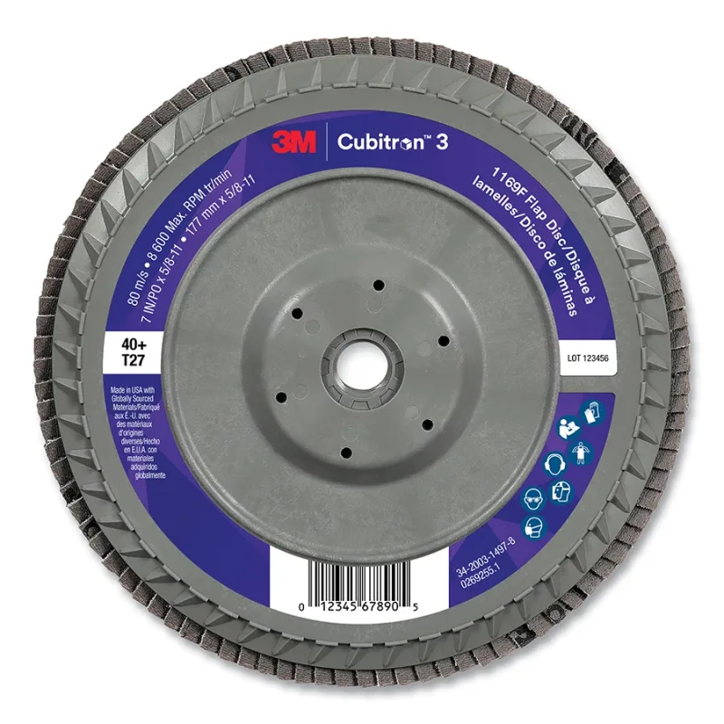 Cubitron™ 3 Flap Disc 1169F, 7 in dia x 5/8-11, T27 Flat Quick Change, 40+, 8600 RPM